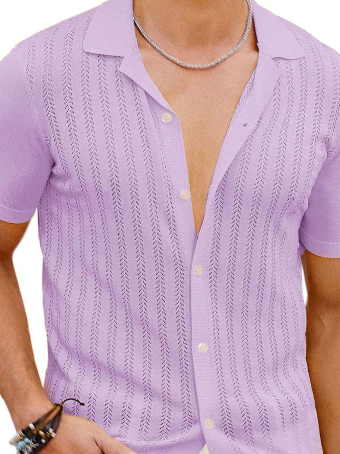 Men's Full Size Openwork Button Down Short Sleeve Shirt Plus Size - Trendsi - Flyclothing LLC