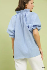 Umgee Textured Puff Sleeve Split Neck Top - Trendsi - Flyclothing LLC