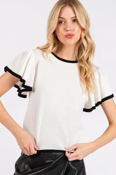 Mittoshop Contrast Trim Ruffled Cap Sleeve Knit Top - Trendsi