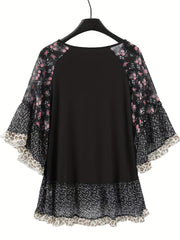 Full Size Frill Printed Round Neck Half Sleeve Blouse - Trendsi