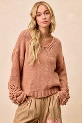 BiBi Chunky Knit Sweater with Flower Detail Sleeves - Trendsi - Flyclothing LLC