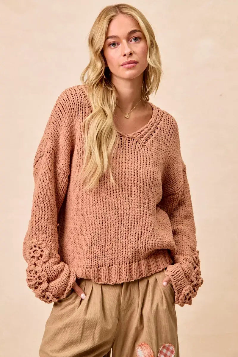 BiBi Chunky Knit Sweater with Flower Detail Sleeves - Trendsi - Flyclothing LLC