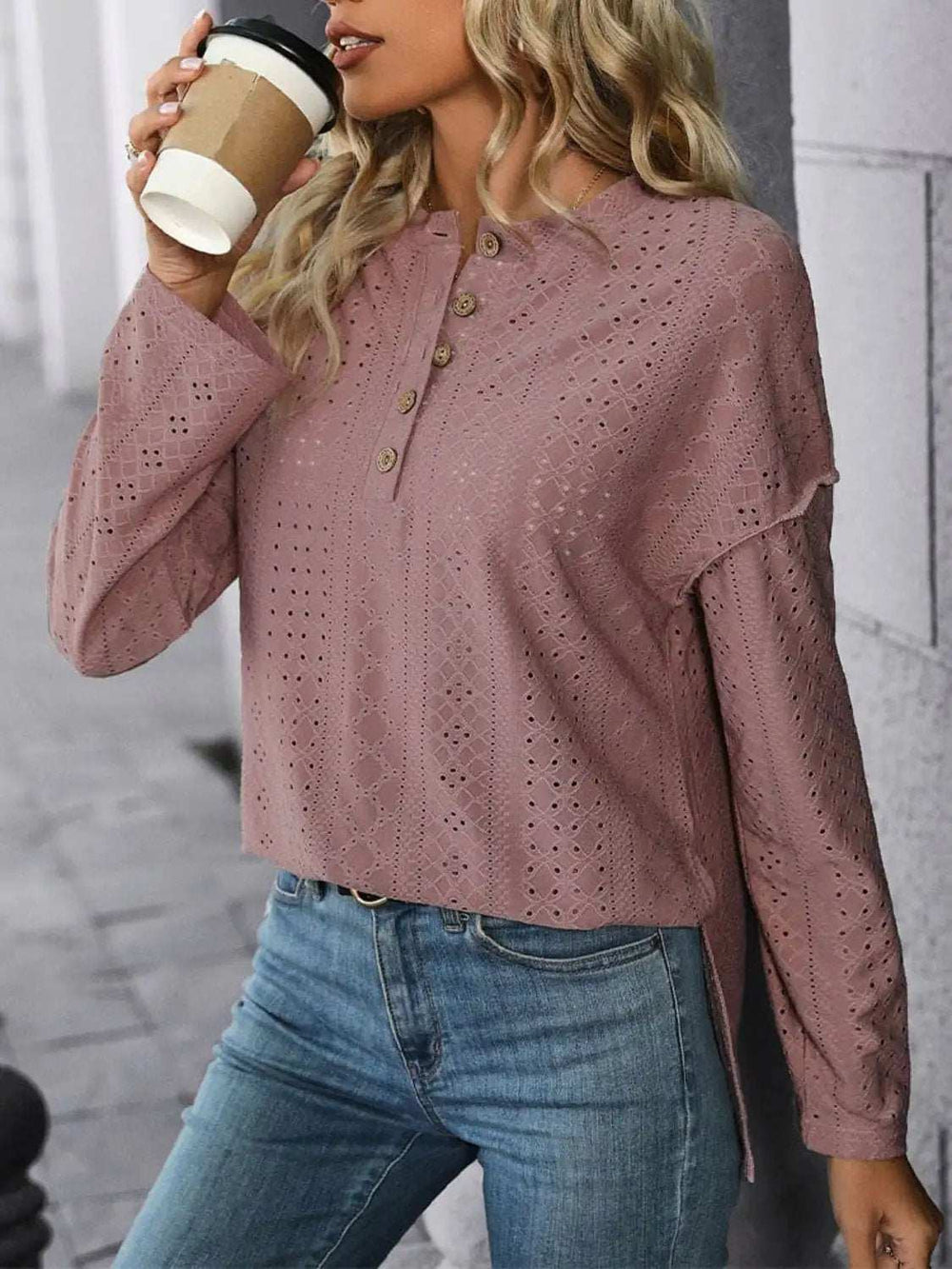 Eyelet Round Neck Long Sleeve Top - Trendsi - Flyclothing LLC