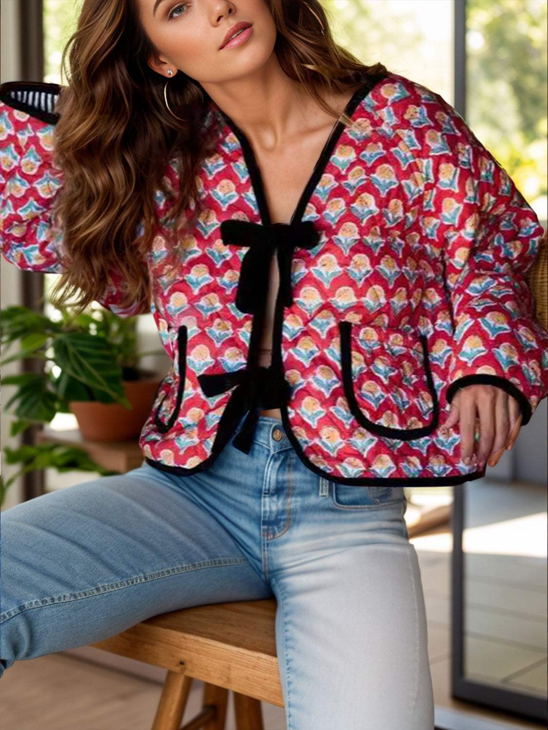 Tied Printed Long Sleeve Jacket - Trendsi - Flyclothing LLC