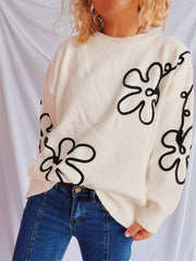 Flower Round Neck Long Sleeve Sweater - Trendsi