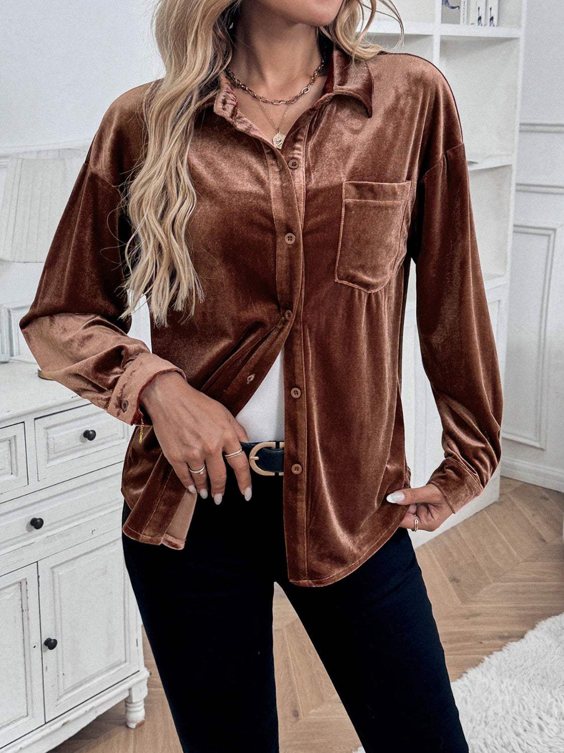 Button Up Long Sleeve Shirt - Trendsi - Flyclothing LLC