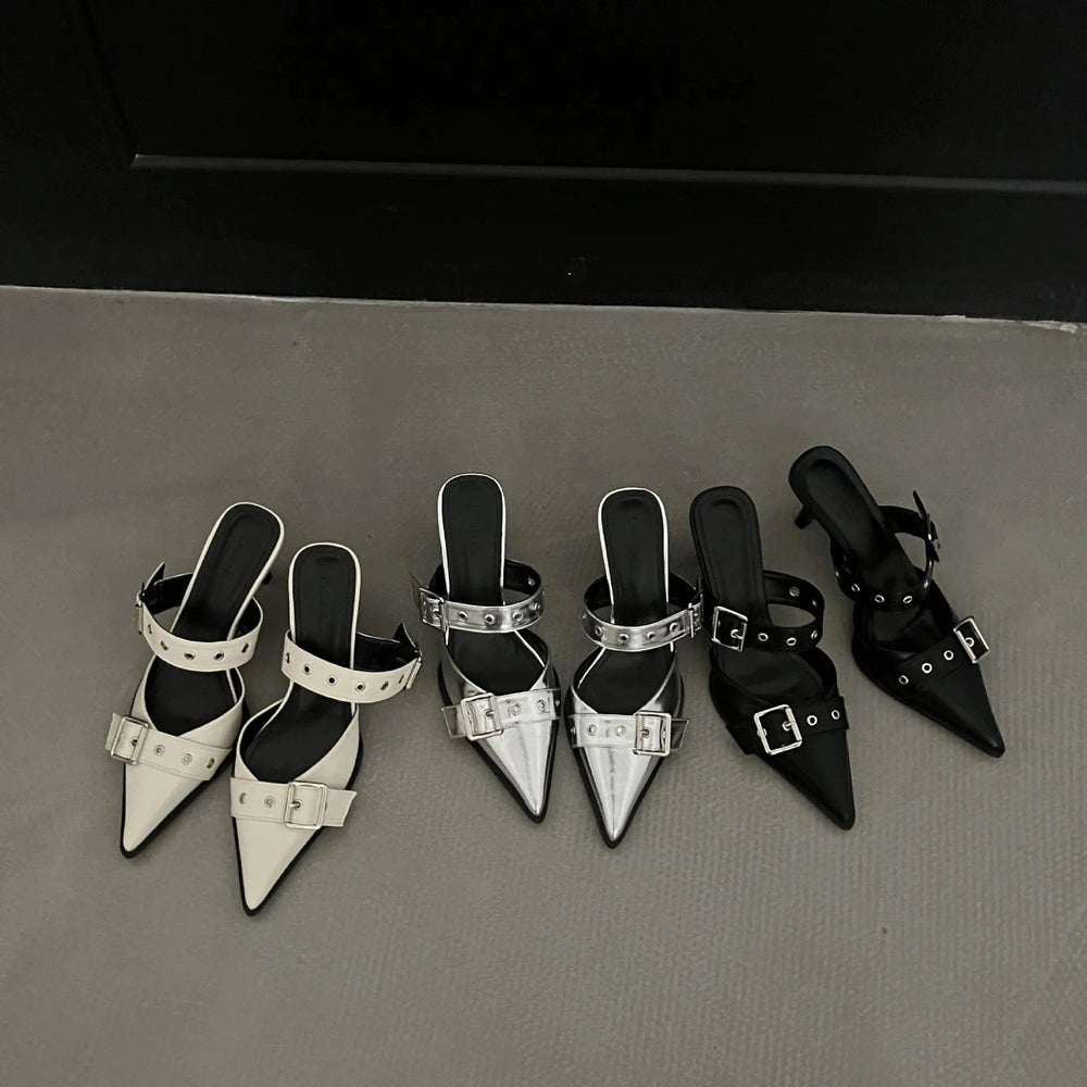 Point Toe Flare Heel Buckle Sandals - Trendsi