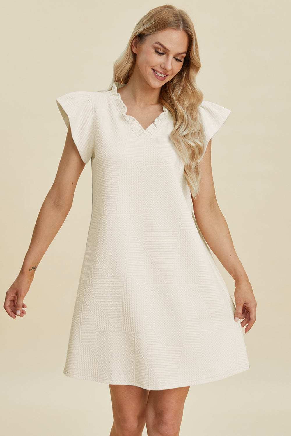 Double Take Full Size Ruffled V-Neck Cap Sleeve Dress - Trendsi - Flyclothing LLC
