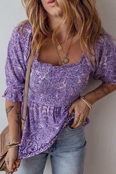 Printed Square Neck Half Sleeve Blouse - Trendsi - Flyclothing LLC