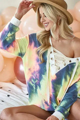 BiBi Tie Dye Deep V-Neck Top with Lace Up Front - Trendsi - Flyclothing LLC