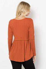 Be Stage Full Size Texture Babydoll Round Neck Long Sleeve Knit Top - Trendsi - Flyclothing LLC