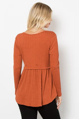 Be Stage Full Size Texture Babydoll Round Neck Long Sleeve Knit Top - Trendsi