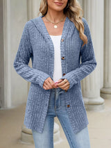 Ribbed Knit Hooded Button-Down Cardigan - Trendsi - Flyclothing LLC