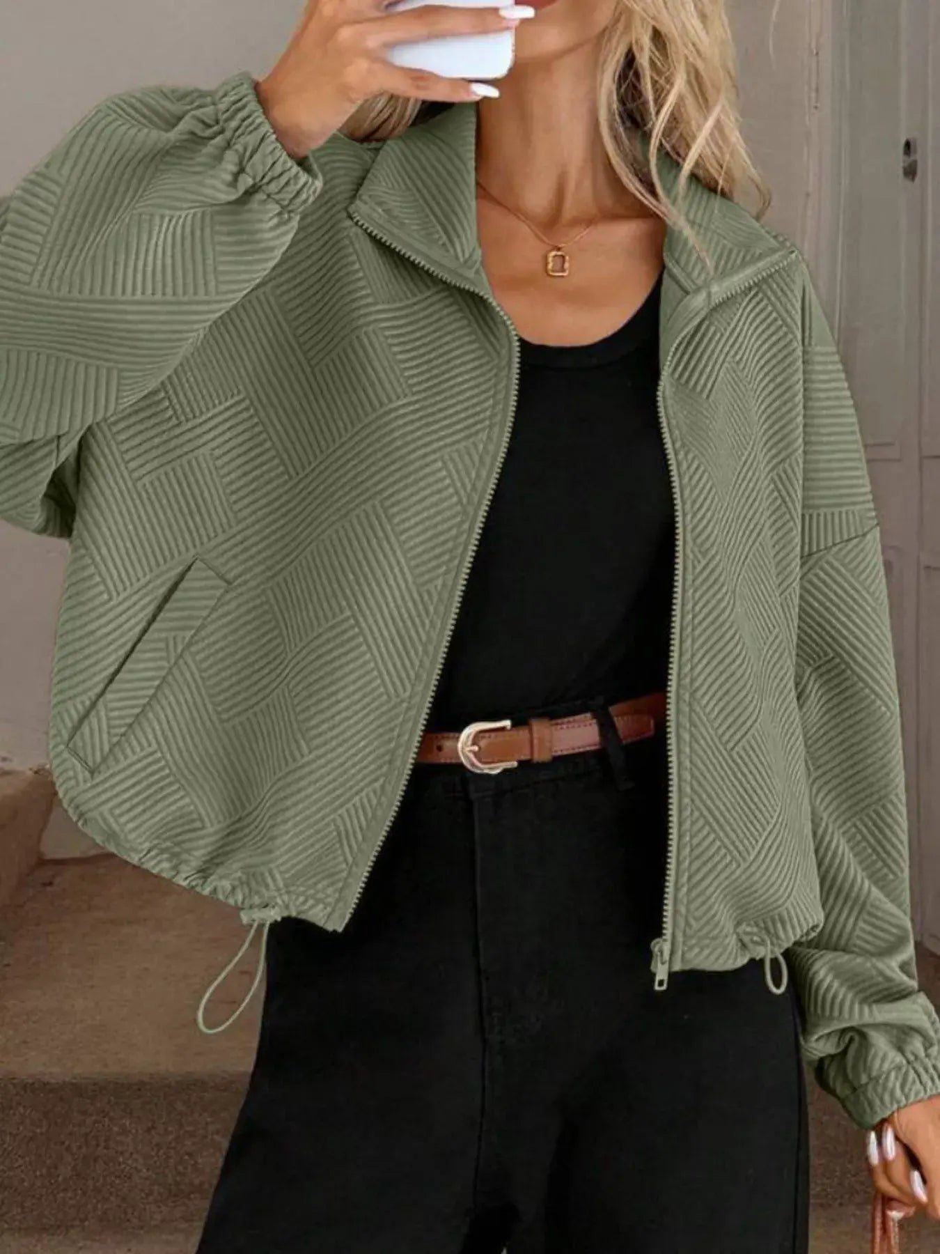 Textured Zip-Up Drawstring Hem Jacket - Trendsi - Flyclothing LLC