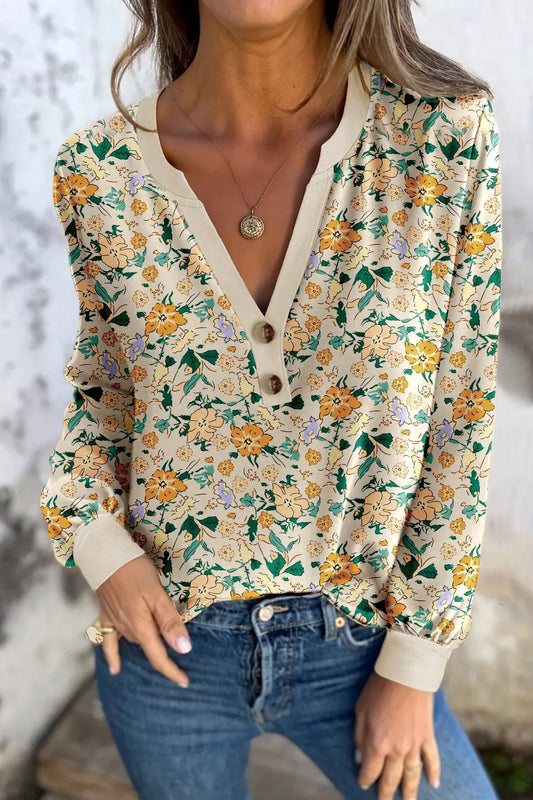 Floral Print Notched Long Sleeve Blouse - Trendsi - Flyclothing LLC