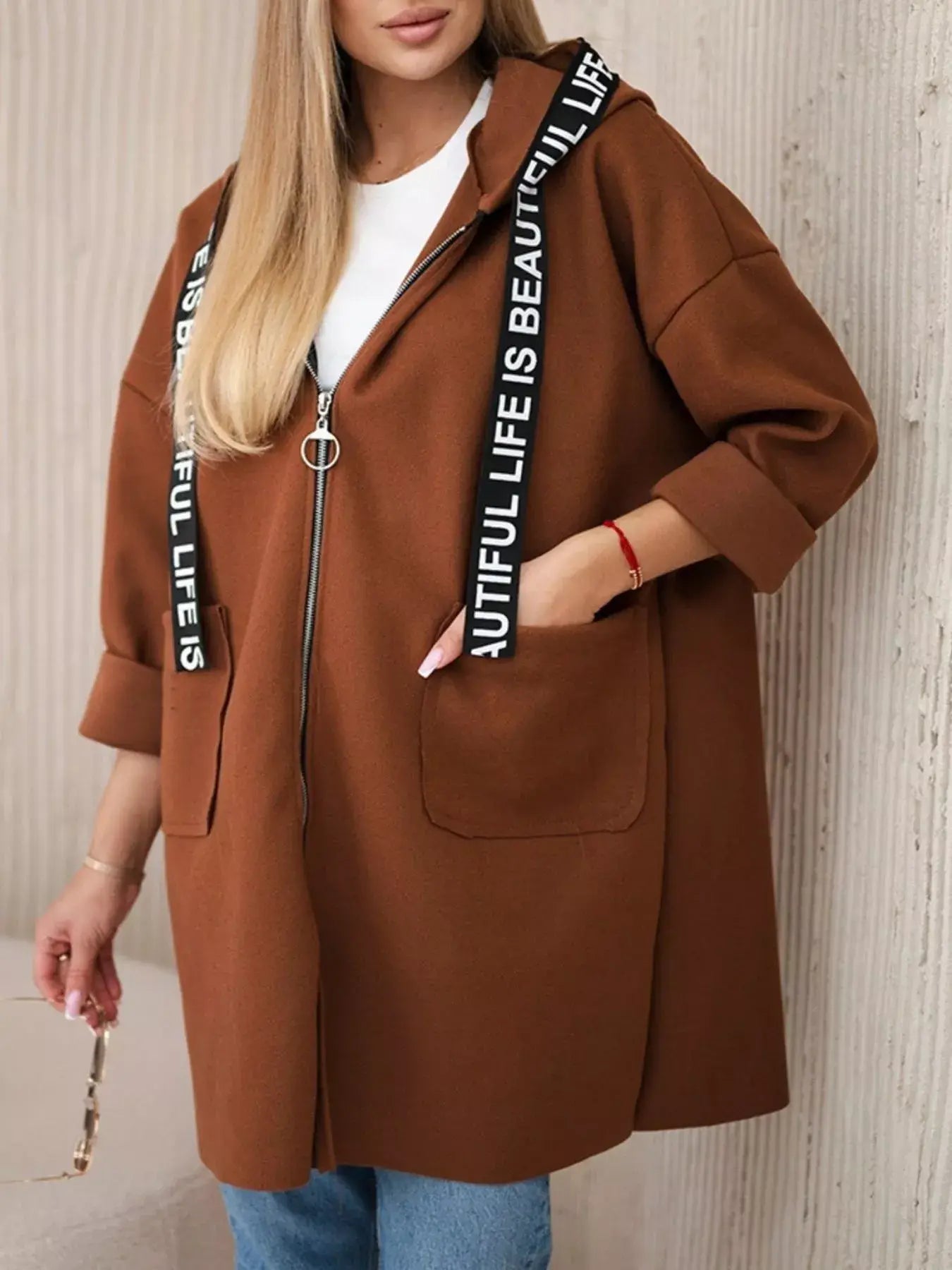 Full Size Hooded Zip-Up Longline Outerwear Plus Size - Trendsi - Flyclothing LLC