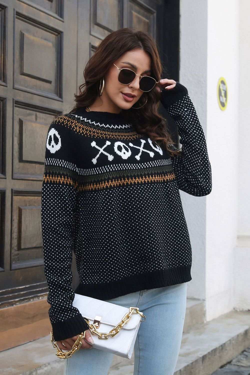Ghost Pattern Round Neck Long Sleeve Sweater - Trendsi - Flyclothing LLC