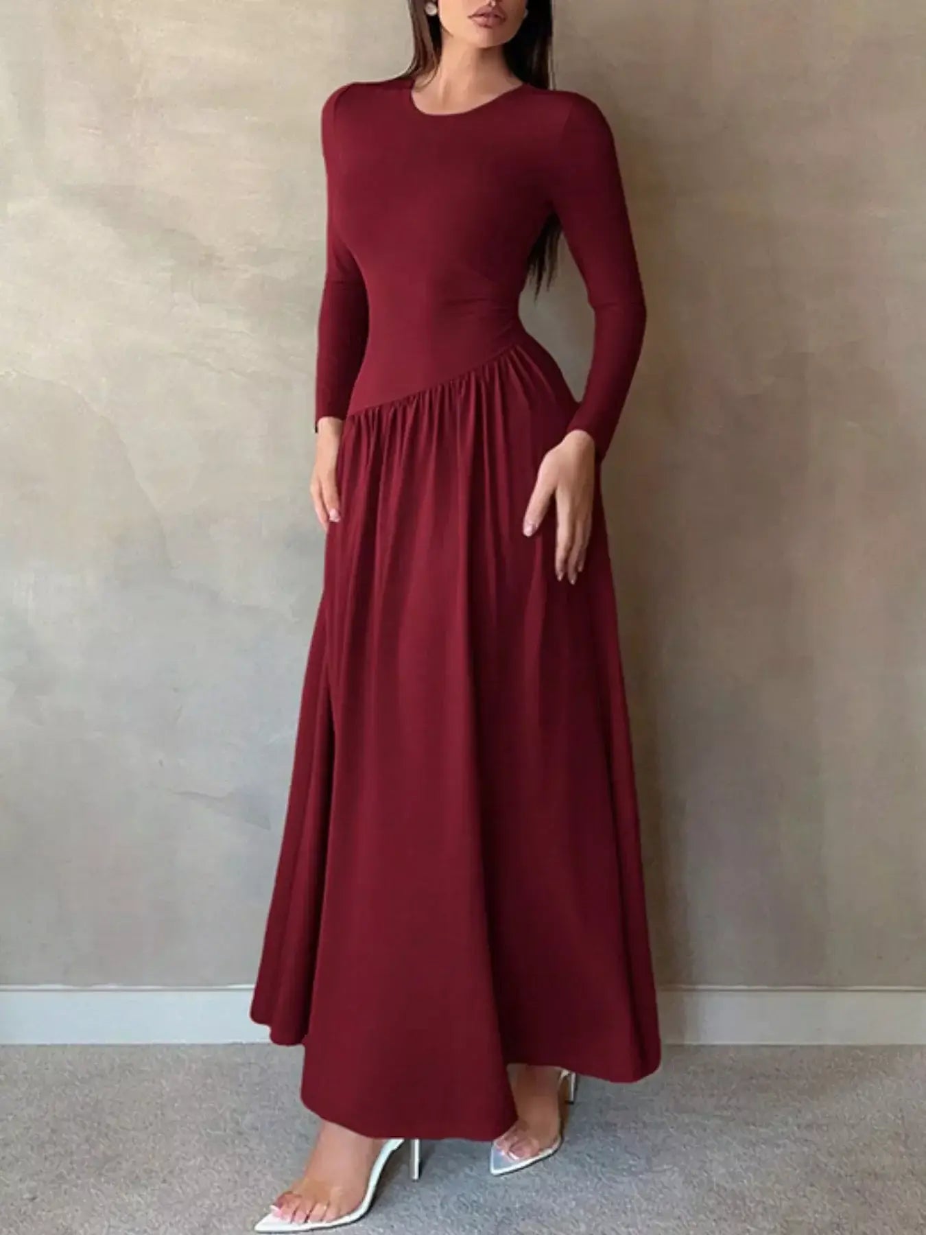 Long Sleeve Ruched A-Line Maxi Dress - Trendsi - Flyclothing LLC