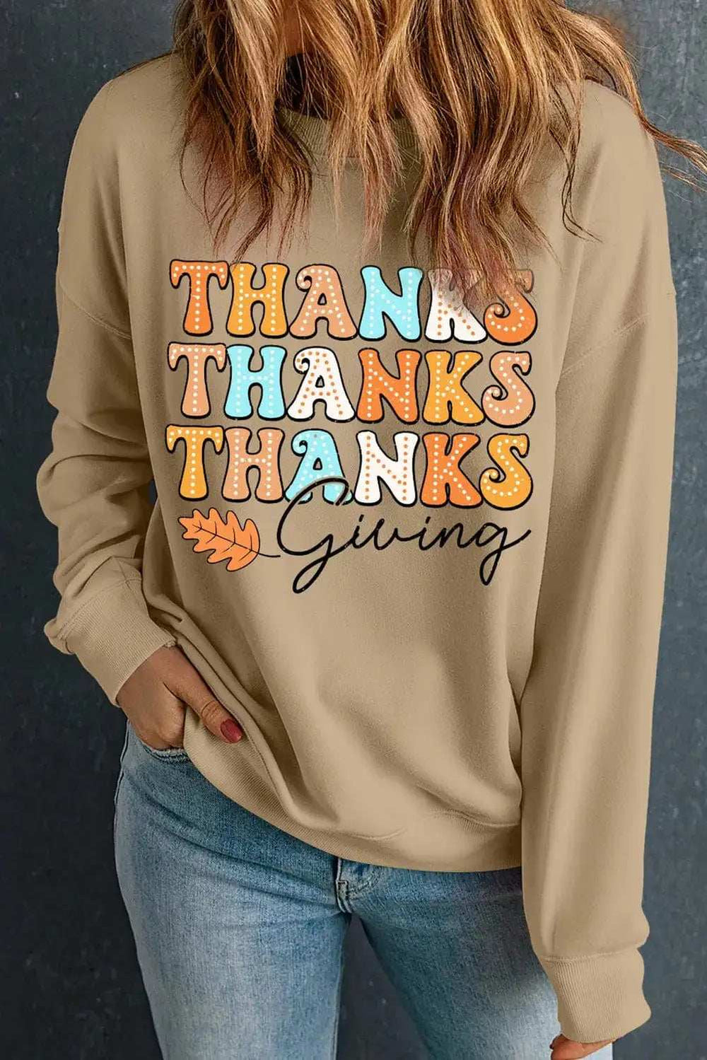 THANKSGIVING Round Neck Dropped Shoulder Sweatshirt - Trendsi - Flyclothing LLC