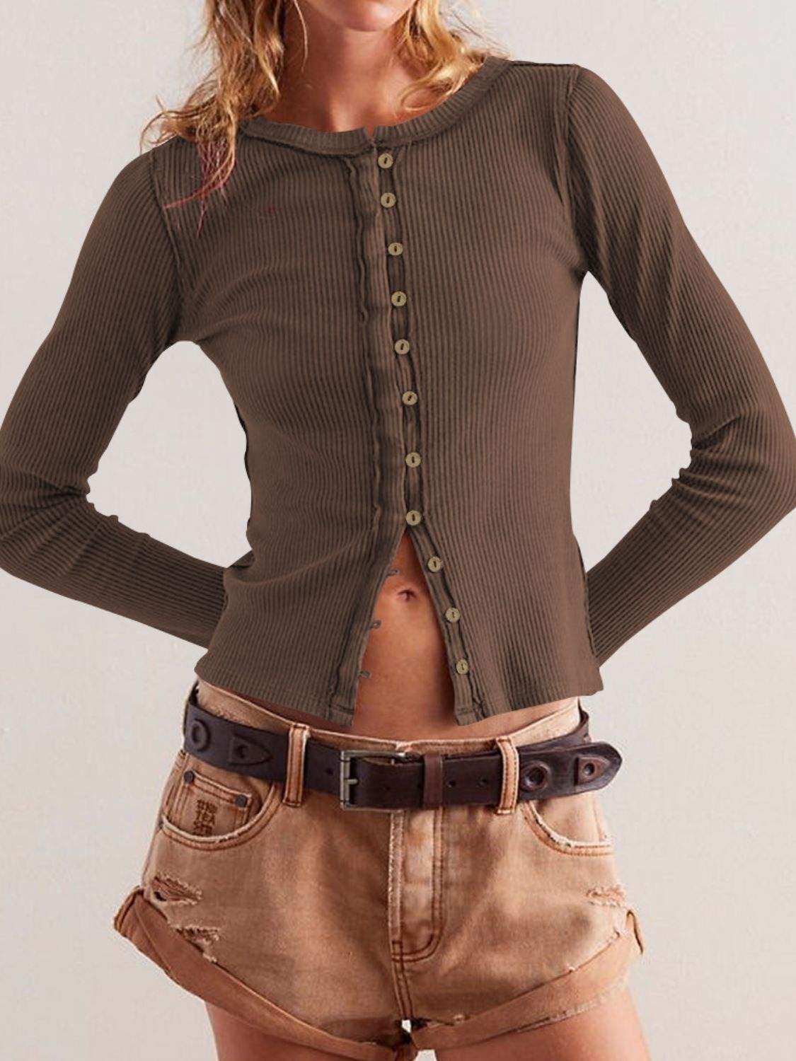 Ribbed Round Neck Long Sleeve Top - Trendsi - Flyclothing LLC