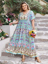Plus Size Printed Tie Neck Flutter Sleeve Maxi Dress - Trendsi - Flyclothing LLC