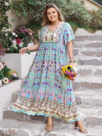 Plus Size Printed Tie Neck Flutter Sleeve Maxi Dress - Trendsi - Flyclothing LLC