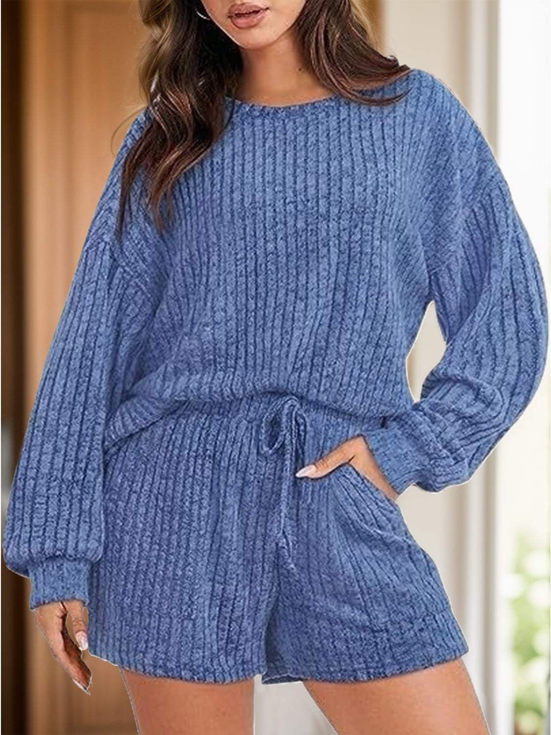 Round Neck Dropped Shoulder Top and Shorts Set - Trendsi - Flyclothing LLC