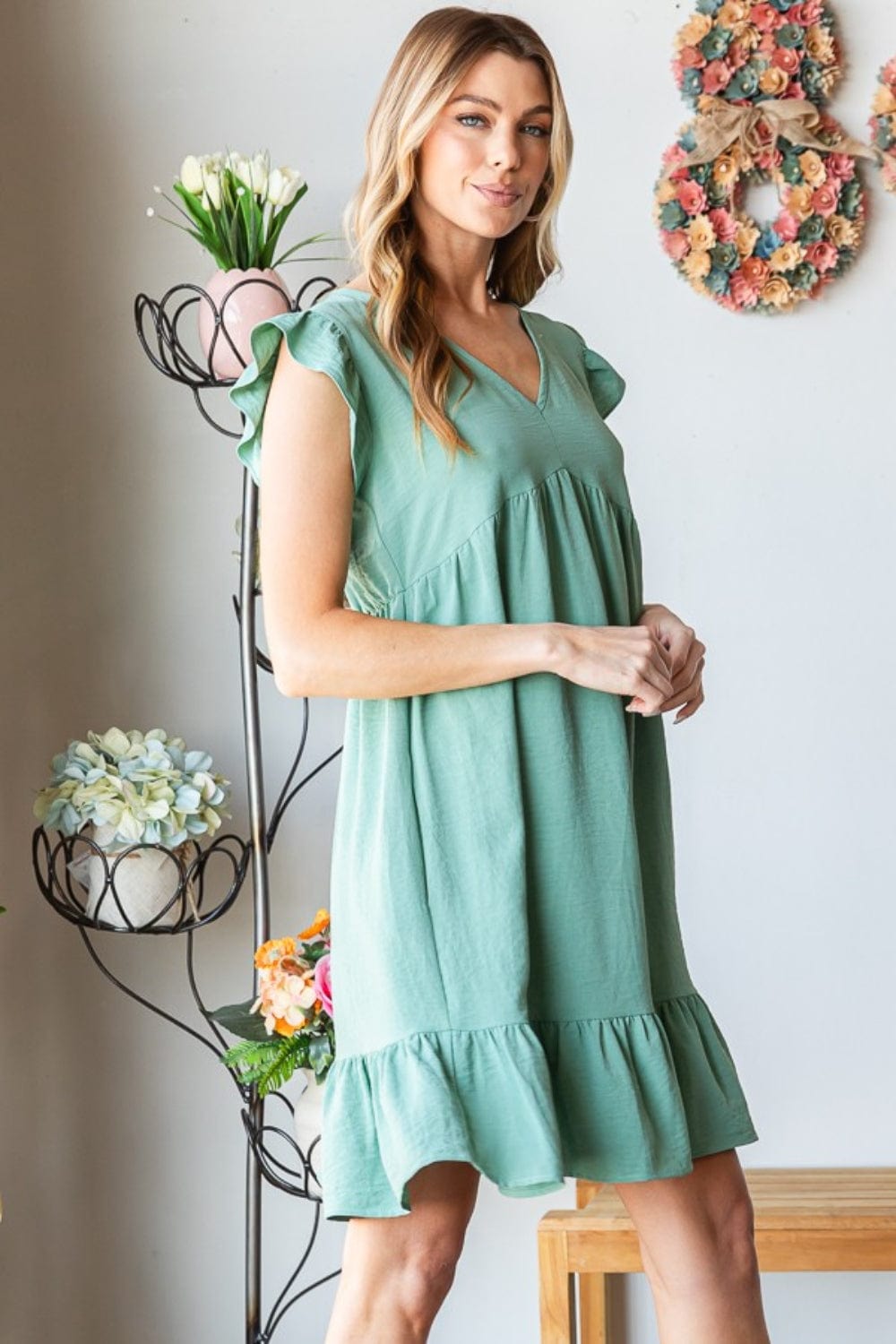 Heimish Full Size Short Sleeve V Neck Ruffled Hem Dress - Trendsi