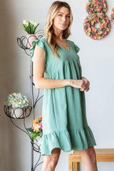 Heimish Full Size Short Sleeve V Neck Ruffled Hem Dress - Trendsi - Flyclothing LLC