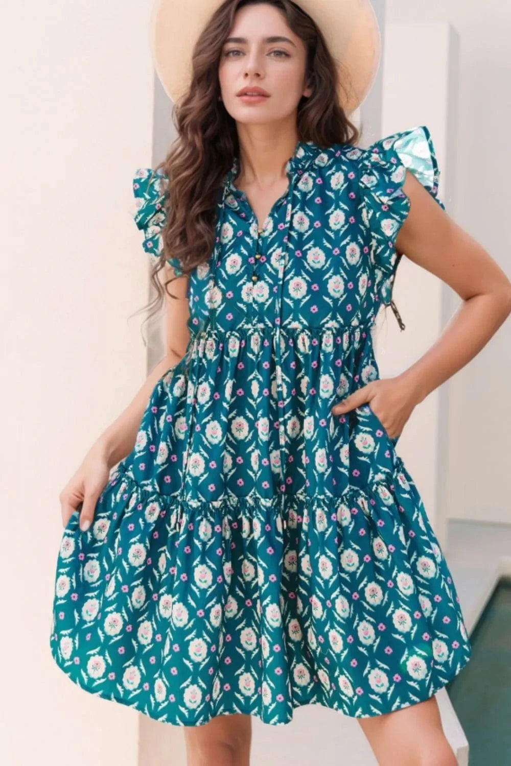 Printed Tie Neck Ruffled Cap Sleeve Dress - Trendsi