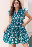 Printed Tie Neck Ruffled Cap Sleeve Dress - Trendsi