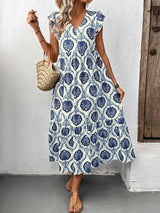 Printed V-Neck Cap Sleeve Dress - Trendsi - Flyclothing LLC