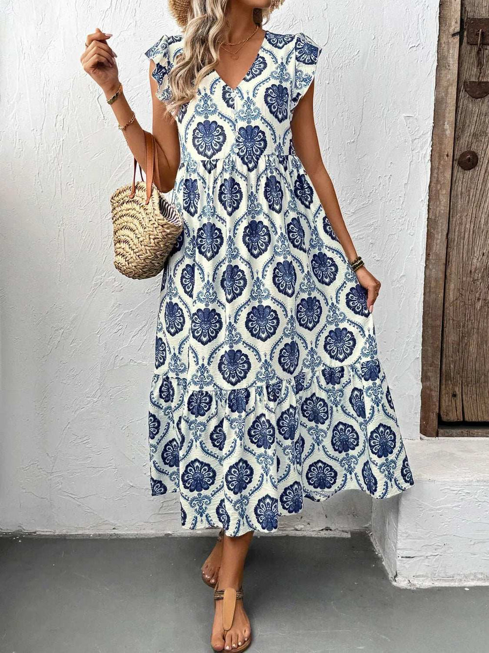 Printed V-Neck Cap Sleeve Dress - Trendsi - Flyclothing LLC