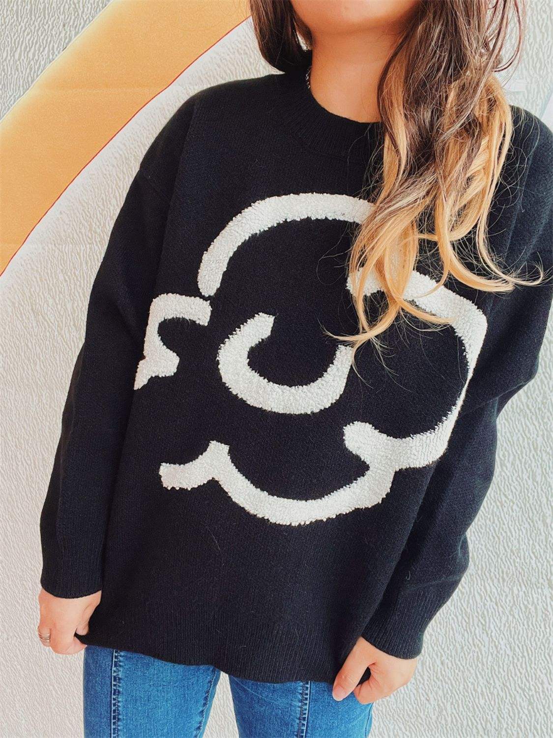 Contrast Round Neck Long Sleeve Sweater - Trendsi - Flyclothing LLC