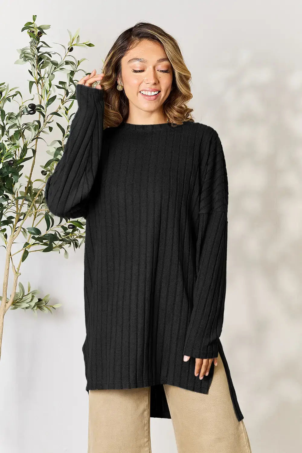 Basic Bae Full Size Ribbed Round Neck Long Sleeve Slit Top - ShopBasicbae - Flyclothing LLC