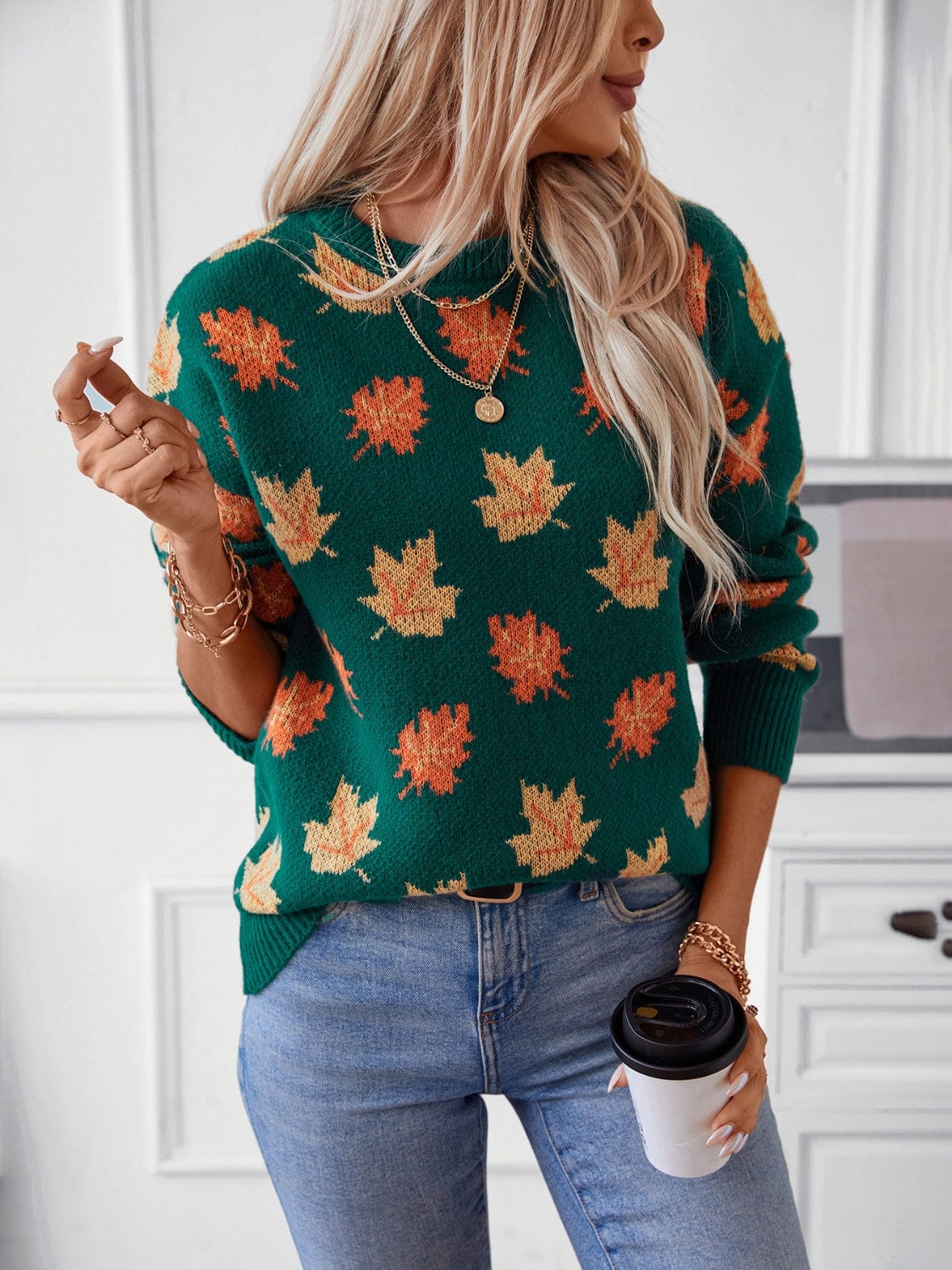 Maple Leaf Round Neck Long Sleeve Sweater - Trendsi