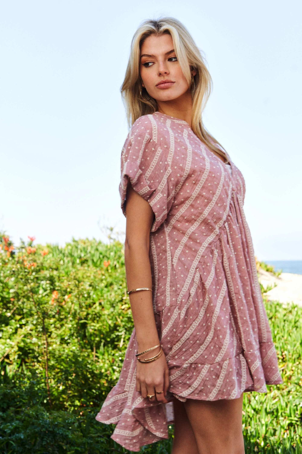 Davi & Dani Embroidery V Neck Short Sleeve Ruffled Mini Dress - Trendsi - Flyclothing LLC