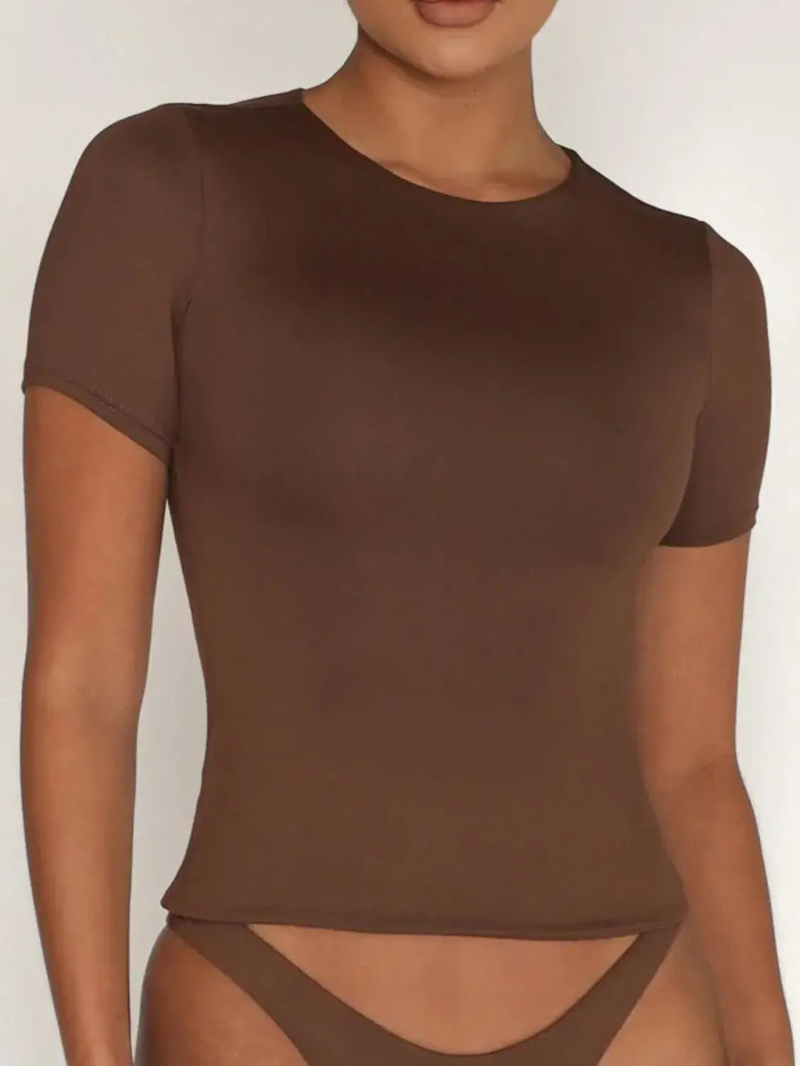 Round Neck Short Sleeve Swim Top - Trendsi - Flyclothing LLC