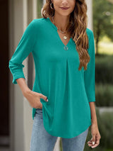 Notched Three-Quarter Sleeve T-Shirt - Trendsi - Flyclothing LLC