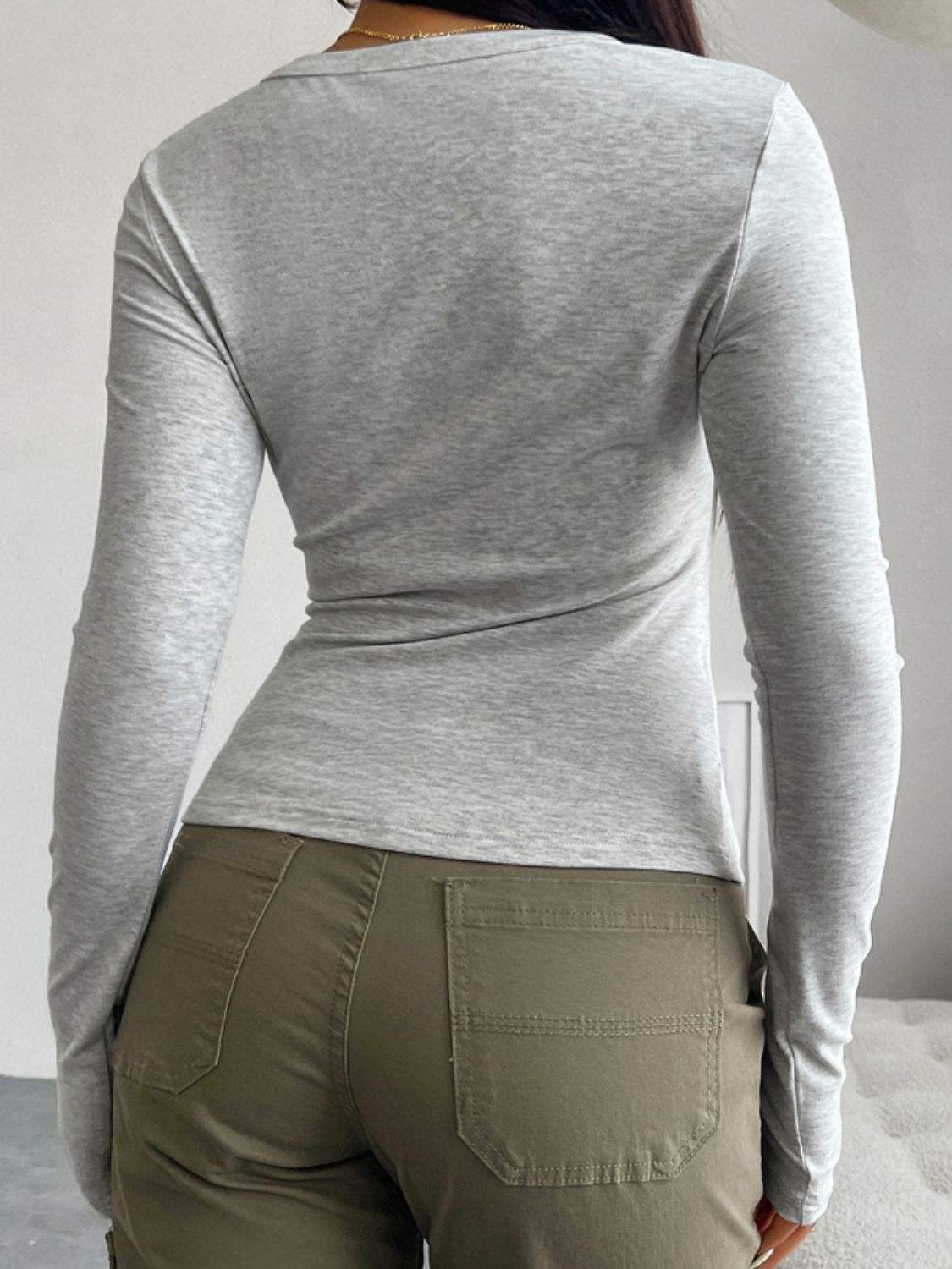 Devine Quarter Button Long Sleeve T-Shirt - Trendsi - Flyclothing LLC
