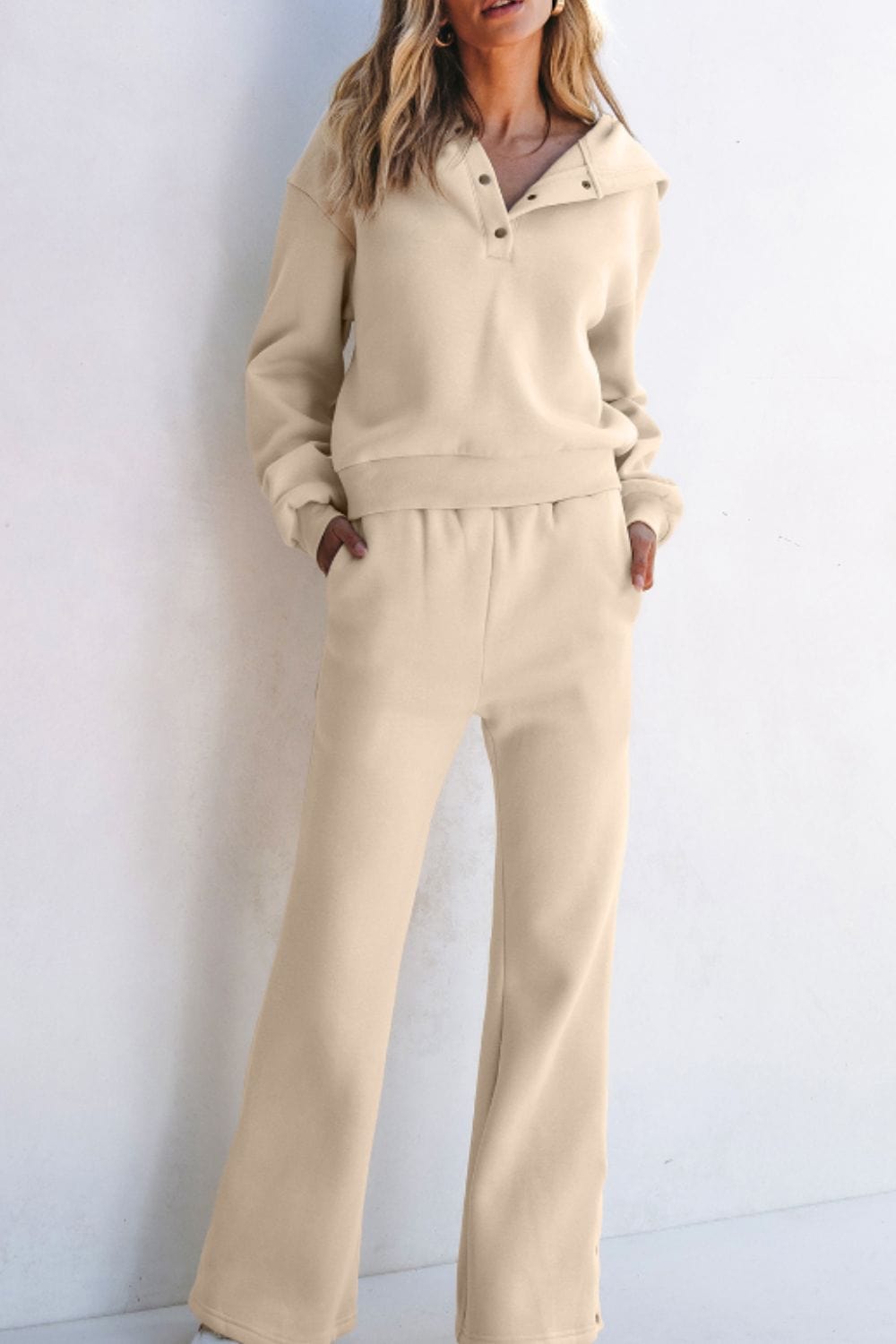 Half Snap Long Sleeve Hooded Top and Pants Set - Trendsi