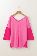 Exposed Seam V-Neck Three-Quarter Sleeve Blouse - Trendsi - Flyclothing LLC