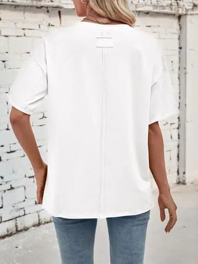 Lovelet Exposed Seam Round Neck Half Sleeve T-Shirt - Trendsi - Flyclothing LLC