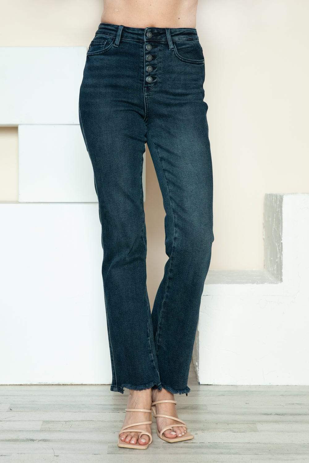 Judy Blue Full Size Button Fly Hem Destroy Straight Jeans - Trendsi - Flyclothing LLC