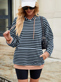 Drawstring Contrast Striped Long Sleeve Hoodie - Trendsi