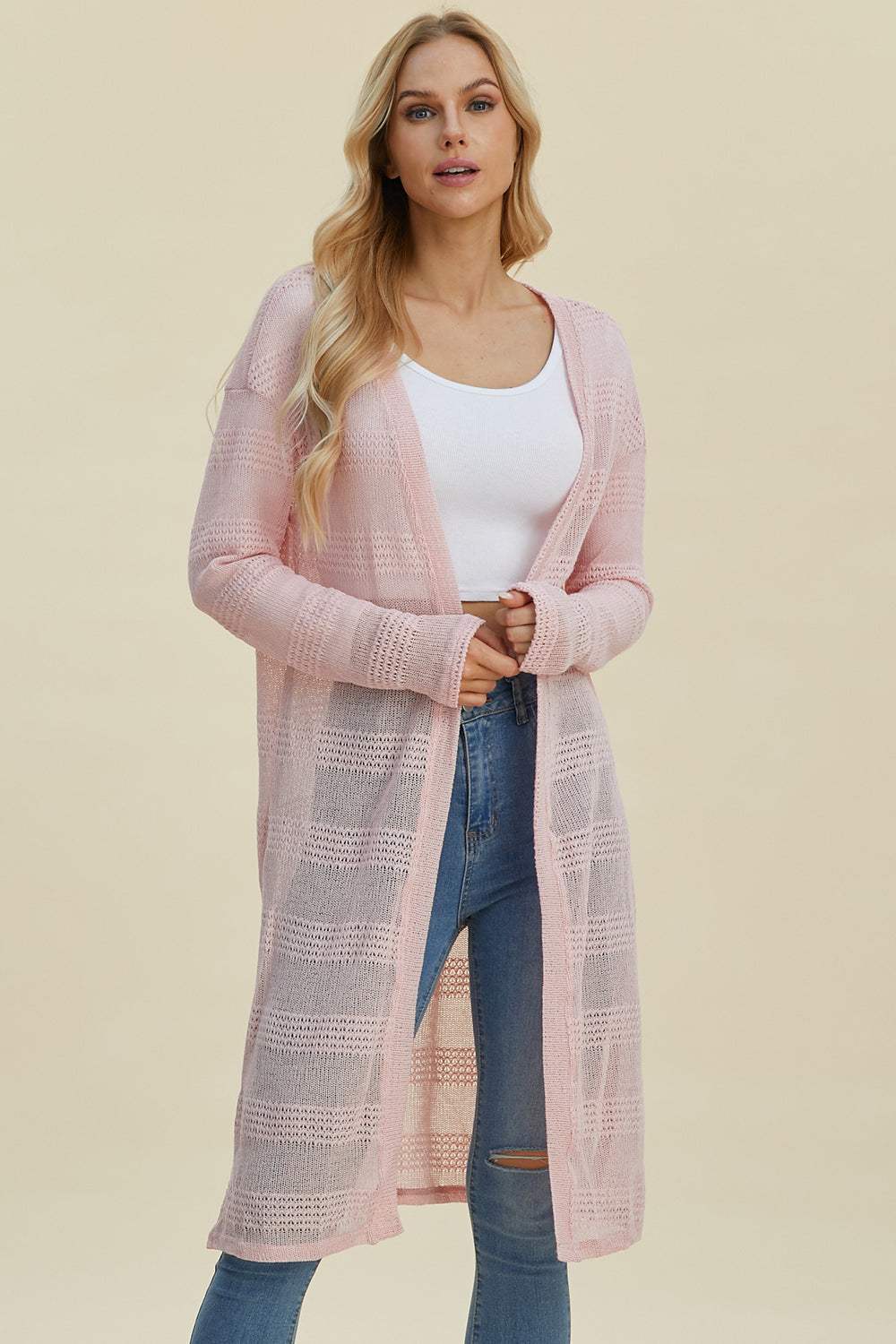 Double Take Full Size Open Front Longline Cardigan - Trendsi - Flyclothing LLC