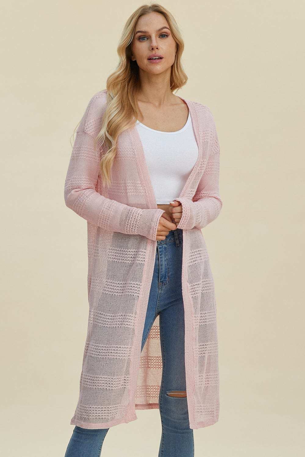 Double Take Full Size Open Front Longline Cardigan - Trendsi - Flyclothing LLC