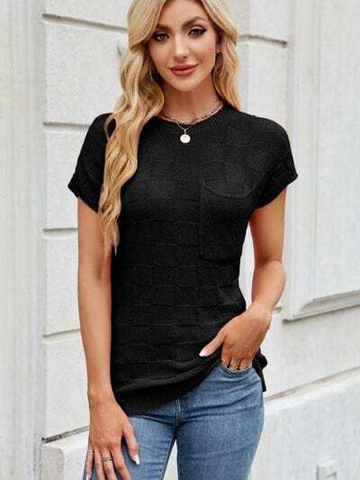 Round Neck Short Sleeve Knit Top - Trendsi - Flyclothing LLC