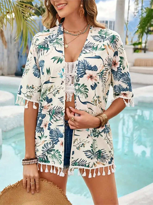 Tassel Printed Open Front Half Sleeve Cover-Up - Trendsi - Flyclothing LLC