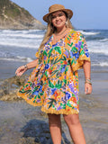Plus Size Lace Detail Printed Tie Neck Half Sleeve Dress - Trendsi - Flyclothing LLC